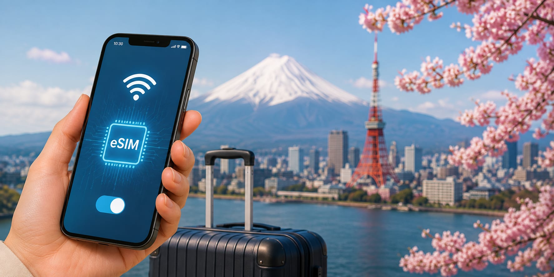 Hand holding a phone displaying an eSIM activation screen, with a suitcase, Mount Fuji, and Tokyo Tower in the background